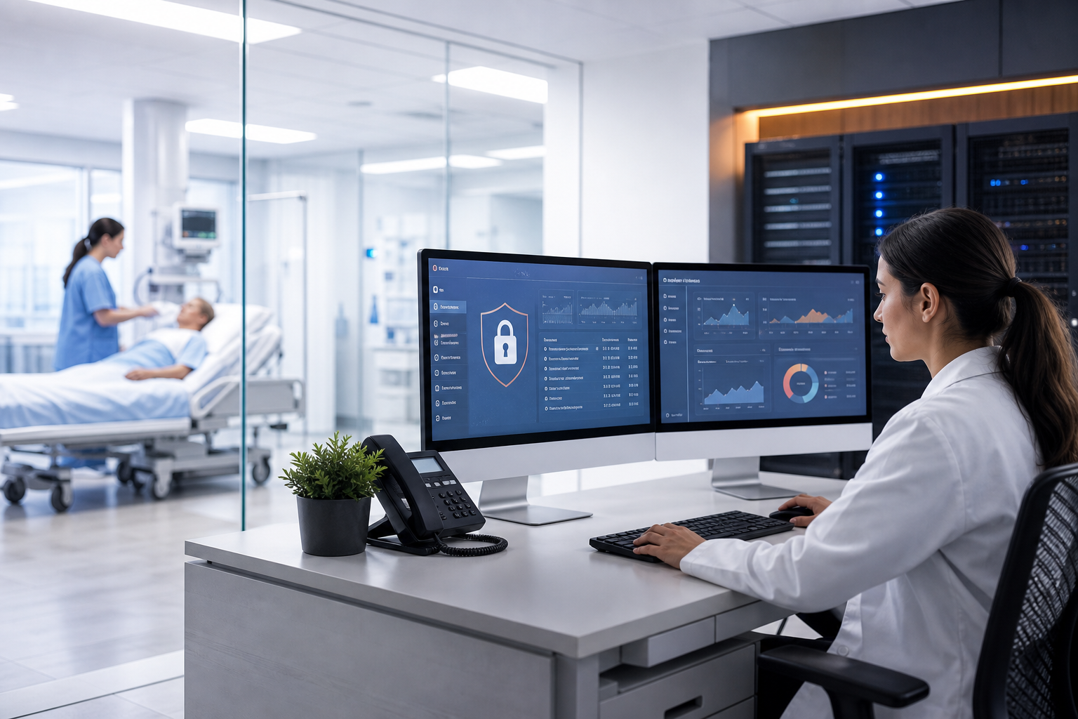 Medical clinic secure IT infrastructure realistic scene